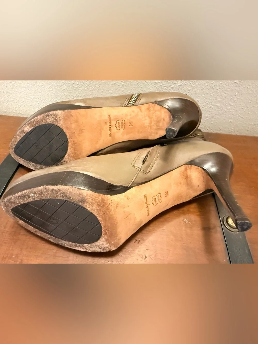 Donald J Pliner Taupe Leather Ankle Booties with Zip and Buckle